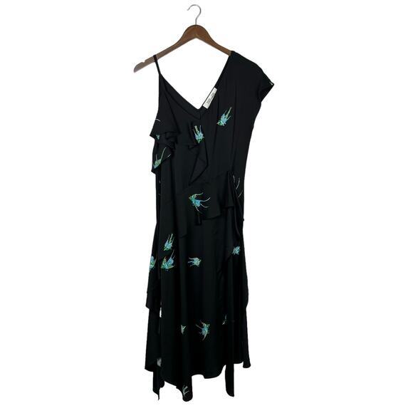 Diane von Furstenberg Black Bird Print Asymmetric Silk Jersey Ruffle Dress - Picture 4 of 12